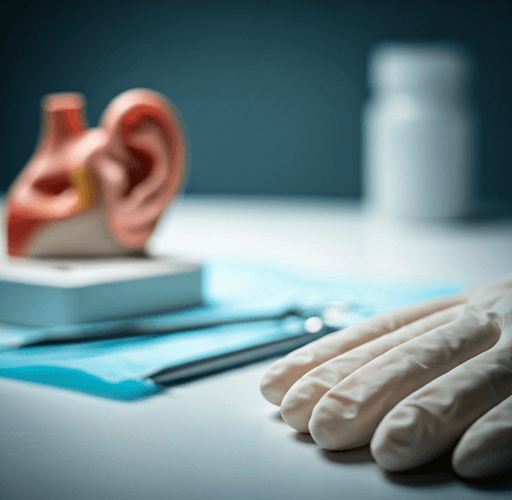 A close-up of a clean medical setting featuring an ear model and sterile examination tools