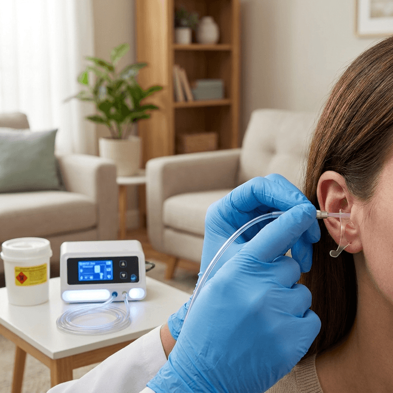 Close-up clinical photograph of a microsuction ear wax removal procedure